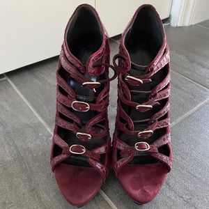 Balenciaga burgundy high heel shoes snakeskin suede patchwork strappy Sz 38